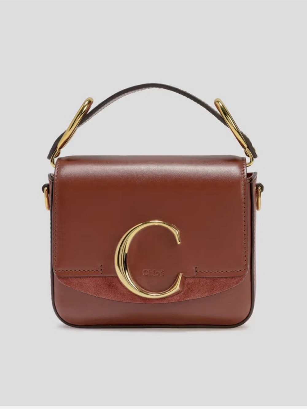 Chloé Brown Leather Mini C Crossbody Bag with Top Handle